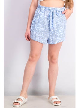 Buy Women Floral Print Tie Waist Short, Blue in UAE