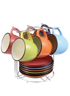 Buy Tea Set 13pcs Stoneware Set Include 6Pc Tea Cup 220ML 6Pc Saucer 1Pc Chrome Stand Multicolor Millerhaus in UAE