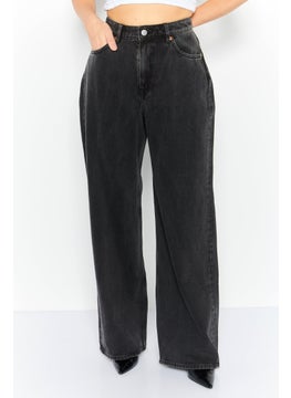 Buy Women Regular Fit High Rise Wide Leg Washed Jeans, Charcoal Grey in Saudi Arabia