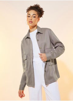 Buy Solid Front Button Collar Neck Pocket Jacket in Saudi Arabia