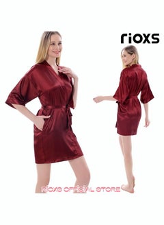 Buy Women's Satin Robe Lightweight Kimono Bathrobe Short Robes Soft Bridesmaids Sleepwear Dress Loungewear With Belt in UAE