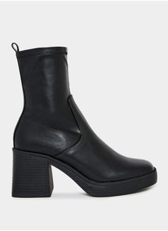 Buy Square Toe Platform Heel Leather Boots in Saudi Arabia