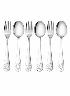 اشتري 6 Pieces Kids Silverware Stainless Steel Children's Safe Flatware Little Bear Child Spoon and Fork Set Toddler Utensils Metal Cutlery Set,3 x Safe Forks,3 x Children Tablespoons في السعودية