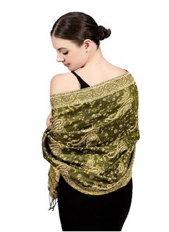 Buy Achillea Soft Silky Reversible Paisley Pashmina Shawl Wrap Scarf w/Fringes (Dark Olive) in UAE