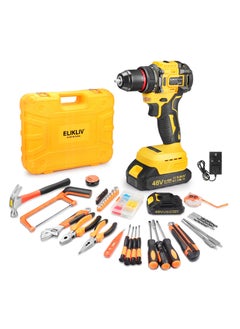 Buy ELIKLIV 48V Cordless Drill Set with 3/8" Keyless Chuck, 45Nm Max Torque, 25+1 Clutch Cordless Drill, Basic Toolbox for Home Repairs with 2 Batteries in Saudi Arabia