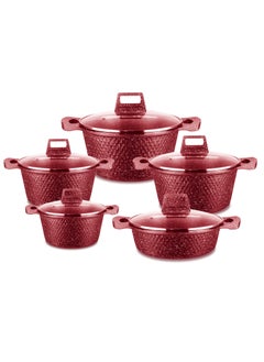 اشتري 10-piece Marble Cookware Set Aluminum Pots And Pans With Non-stick Finish Glass Lid PFOA-free Red 20-24-28-32 Cm (deep Stockpot) + 28 Cm (shallow Stockpot) في الامارات