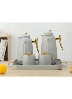 Buy Thermos set for Tea and Coffee with Serving sauce, Sugar Packet and Attractive Tea box 5 pieces, Gray/gold in Saudi Arabia