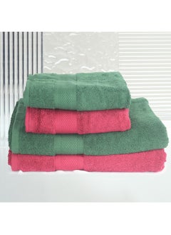 اشتري 4 Piece Bathroom Towel Set NEW GENERATION 450 GSM 100% Cotton Terry 2 Bath Towel 70X140 cm & 2 Hand Towel 50x90 cm Red & Green Color Soft Feel Super Absorbent في الامارات