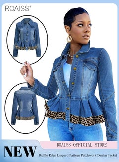 Buy Women's Fashion Ruffle Hem Leopard Print Denim Patchwork Long Sleeved Lapel Denim Short Jacket in UAE