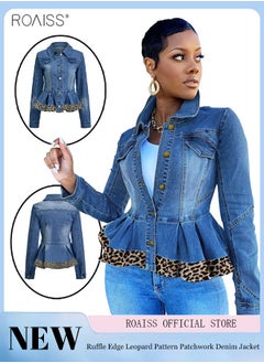 اشتري Women's Fashion Denim Jacket Leopard Hem Panel Classic Lapel Long Sleeve Coat With Tight Waist Button Closure Ruffle Hem Top في السعودية