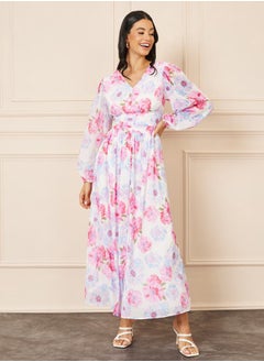 اشتري Floral Print Pleated Waist Button Detail A-Line Maxi Dress في السعودية