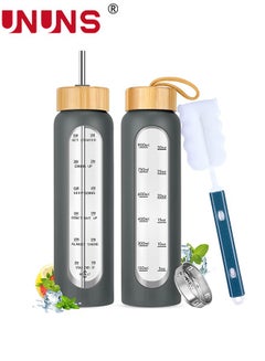 اشتري 1L Motivational Glass Water Bottle with Time Marker & Silicone Sleeve &  Straw & Bamboo Lids & Fruit Infuser , Leak Proof Reusable BPA Free Motivational Drinking Jug Water Jug في السعودية
