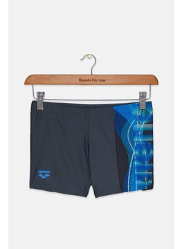 Buy Men Brand Logo Swim Trunks, Grey and Turquoise in Saudi Arabia