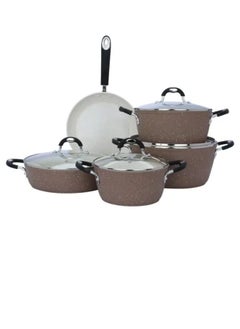 Buy 9 pieces Granite Cookware set with silicone glass lid Brown in UAE