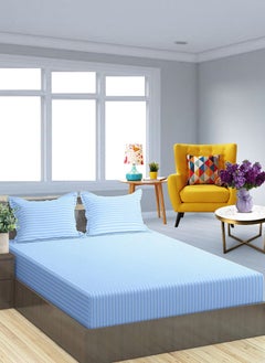 Buy Sky Blue Cotton Single Striped Fitted Elastic Pack of 2 Bedsheet 100x200+15cm in UAE