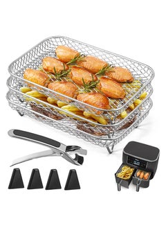 Buy Stainless Steel Air Fryer Rack Set 3 Pcs Perfect for Ninja Dual Basket Fryers Includes Clips and Elevated Feet for Optimal Cooking in UAE