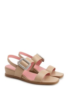 Buy Women's Leather Chunky Slide Sandal Buckle Closure Beige in UAE