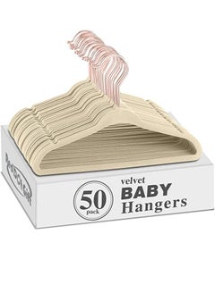 اشتري 50-Pack Beige Color Baby Velvet Hangers 11Inch - Nursery Clothes Hangers Non Slip Toddler Hangers, 360 Chrome Rose-Gold Hook. في الامارات