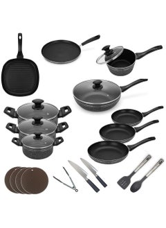 Buy Auroware 24 Piece Non Stick Cookware Set PFOA Free Frying Pan Sauce pan Wok Pan Casserole Grill Pan Tawa Pan Table mat Kinfe Kitchen Tools Glass Lid in UAE