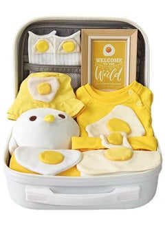 Buy Baby Giftset for New born with Rompers and Dolls in cute suitcase in egg yolk theme for Girls and Boys in UAE