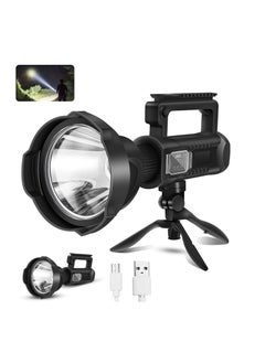 Buy Rechargeable Spotlight Flashlight High Lumens, 90000 Lumen LED Super Bright Searchlight, 4 Modes IPX5 Waterproof Work Lights for Hiking, Camping, Hunting and Emergencies with Tripod and USB Output in Saudi Arabia