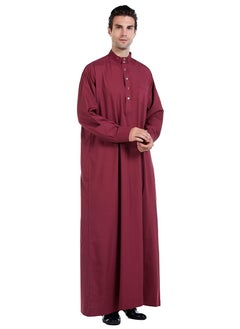 اشتري Mens Solid Color Muslim Clothing Long Sleeve Kaftan Robe With Pockets And Button Islamic Arabic Abaya Clothes Wine Red في السعودية