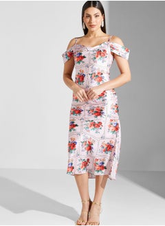 Buy Cowl Neck Cold Shoulder Floral Dress in Saudi Arabia