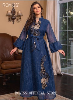 Buy Ramadan Women Muslim Dress V-Collor Embroidery Evening Party Gown Bell Sleeve Long Dresses Party Robe Women Floral Embroidery Islamic Dresses in UAE