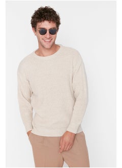 Buy Men's Beige Oversize Fit Wide Fit Crew Neck Basic Knitwear Sweater in Egypt