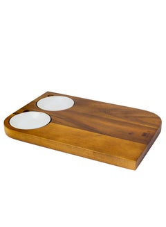اشتري Wooden Brown Serving Board with 2 pcs White Ceramic Dip Bowl في الامارات