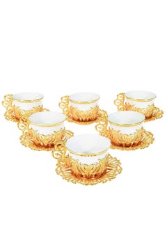 Buy 6-Piece Arabic & Turkish Coffee Set – Includes 6 Exquisite White Glass Cups with Stunning Gold Copper Cup Holders and Saucers for a Luxurious Tea Experience! Made in Türkiye in Saudi Arabia