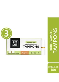 Buy PeeSafe 100% Organic Cotton Tampons, Comfortable & Stain-Free, Biodegradable, Dermatologically tested, Light to Medium Flow Regular Size, 16 Tampons Pack Of 3 in Saudi Arabia