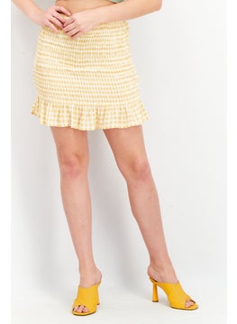 اشتري Women Gingham Pattern Pull On Smoked Mini Skirt, Yellow/White Combo في السعودية