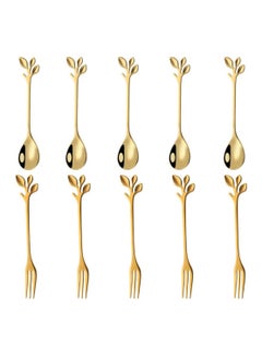 اشتري 10 Piece Stainless Steel Gold Leaf Dessert Spoon and Fork Set Suitable for Coffee Appetizers Mixing Sugar Ice Cream and Cake في الامارات