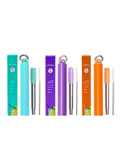 اشتري 3 Pack Reusable Straws with Silicone Tips Travel Case Keychains Cleaner Brush, Metal Drinking Straws Collapsible Straws Drink Straws Reusable Retractable Portable Pocket Drinking Straws في الامارات