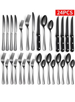 اشتري Kitchen And Household Flatware Set, 24-Piece Silver Flatware Set With Knife, Fork, Spoon And Steak Knife, Serves 4, Striped Handle Design, Dishwasher Safe, Silver في الامارات