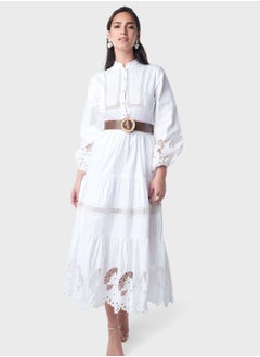 Buy Contrast Belt Schiffli Hem Tier Dress in UAE