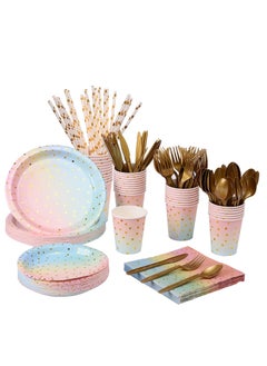 اشتري Disposable Paper Dinnerware Serves 25, 200 Pcs Pastel Plates Napkins Cups Gold Plastic Silverware Sets for Wedding Birthday Baby Shower Holiday Parties في السعودية