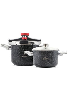 Buy LIFE SMILE Pressure Cooker Set 7Liter + 5Liter Indcution Granite Coated  Easy Open 18/10 Stainless Steel with Glass Lid and Extra Silicone - Suitable for all kinds of Stoves (Black) in UAE