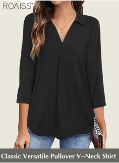 اشتري Women's Classic Casual Pullover Shirt Solid Polo Collar 3/4 Sleeve Top Simple And Versatile Daily Shirt في الامارات