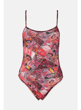 Buy Women Non Padded Sleeveless Printed One Piece Swimsuit, Red and Pink Combo in Saudi Arabia