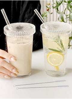 Buy 2 PCS Clear Glass Tumbler Stripe Glass Cup,12.7oz Coffee Cup With Lid and Straw Drinking Glasses for Iced Coffee ,Milk, Mocha,Tea,Juice, Water, Gift- with 2 Cleaning Brushe in UAE