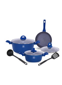 اشتري 8 Piece Granite Cookware Set, Casserole With Lid, Frying Pan With Lid & Kitchen Tools, Blue في السعودية