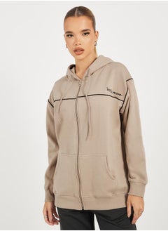 Buy Regular Fit Longline Zip Through Hoodie with Contrast Detail in Saudi Arabia