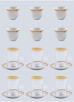 Buy 18-Piece Tea & Coffee Glass And Porcelain Set White/Gold/Clear, Serve for 6 in Saudi Arabia