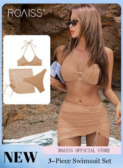 Buy 3 Pack Bikini Sets Halter Beachwear Ladies Tankini Swimsuit Hollow Out Beach Skirt Push Up Textured Ring Linked for Swimwear in Saudi Arabia