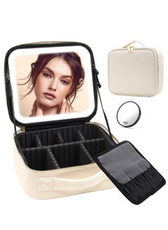 Buy Makeup Bag with Mirror of LED Lighted and Detachable 10x Magnifying Mirror, Cosmetic Bag Organizer with Adjustable Dividers (Beige) in Saudi Arabia