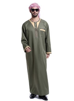 Buy Men's Muslim Arab Long Sleeve Kaftan Middle Eastern Man Kandora Thobe Thawb Army Green in UAE