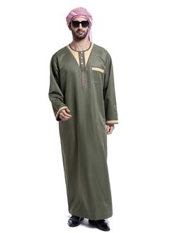 Buy Men's Muslim Arab Long Sleeve Kaftan Middle Eastern Man Kandora Thobe Thawb Army Green in UAE