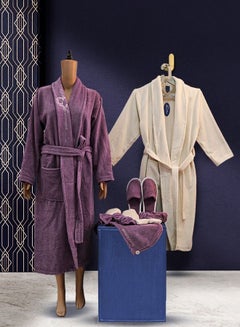 Buy Bath robe set made of 100% cotton fabric consisting of 11 pieces 1 men's robe 1 women's robe 4 slippers 2 loofahs a hair towel a hair band and a bandana free size multicolored in Saudi Arabia